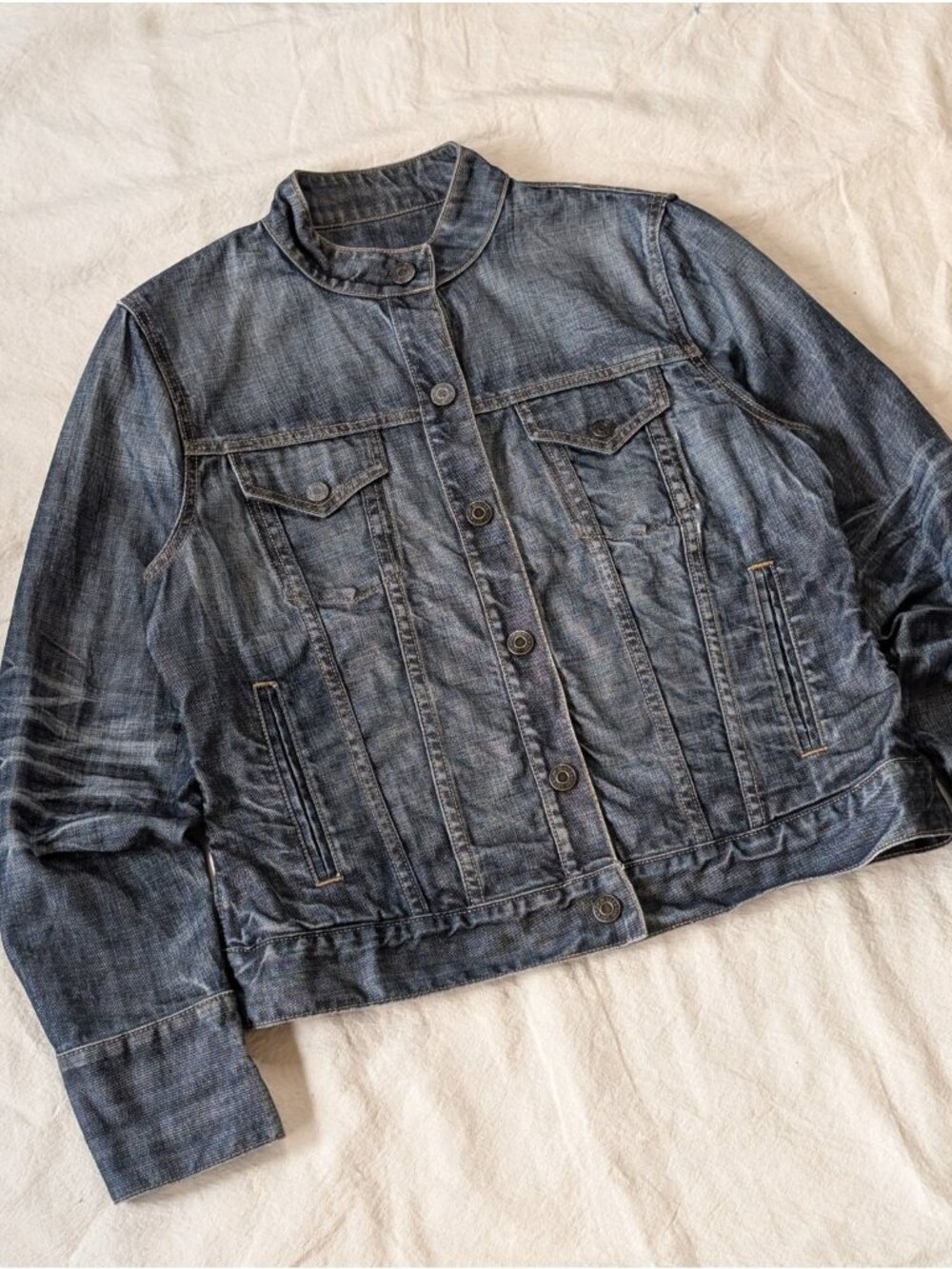 Gap Vintage 2003 Denim Moto Snap Biker Jacket Honeycomb Fading Large Cotton